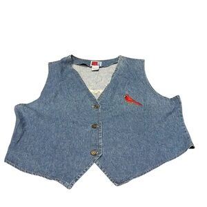 vintage denim vest button up embroidered cardinal front and back 100% cotton USA